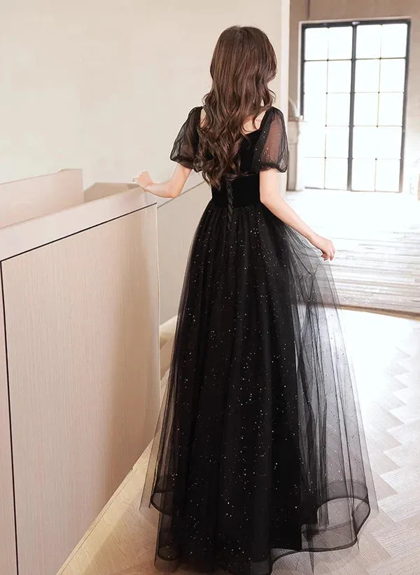 A-line Glitter Black Tulle and Velvet Bubble Sleeved Ballgown Prom Dress Evening Dress