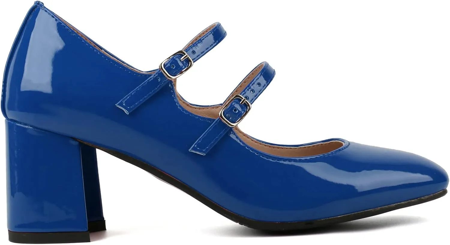 Alsoloveu Women's Mary Jane Shoes Patent Leather Retro Low Chunky Heels Pump Shoes for Women Double Ankle Strap Pumps