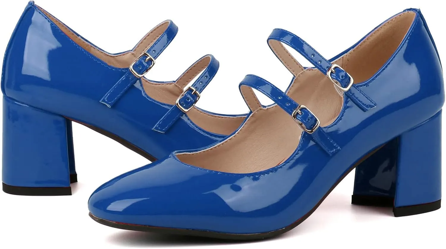 Alsoloveu Women's Mary Jane Shoes Patent Leather Retro Low Chunky Heels Pump Shoes for Women Double Ankle Strap Pumps