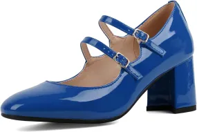 Alsoloveu Women's Mary Jane Shoes Patent Leather Retro Low Chunky Heels Pump Shoes for Women Double Ankle Strap Pumps