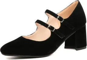 Alsoloveu Women's Mary Jane Shoes Patent Leather Retro Low Chunky Heels Pump Shoes for Women Double Ankle Strap Pumps