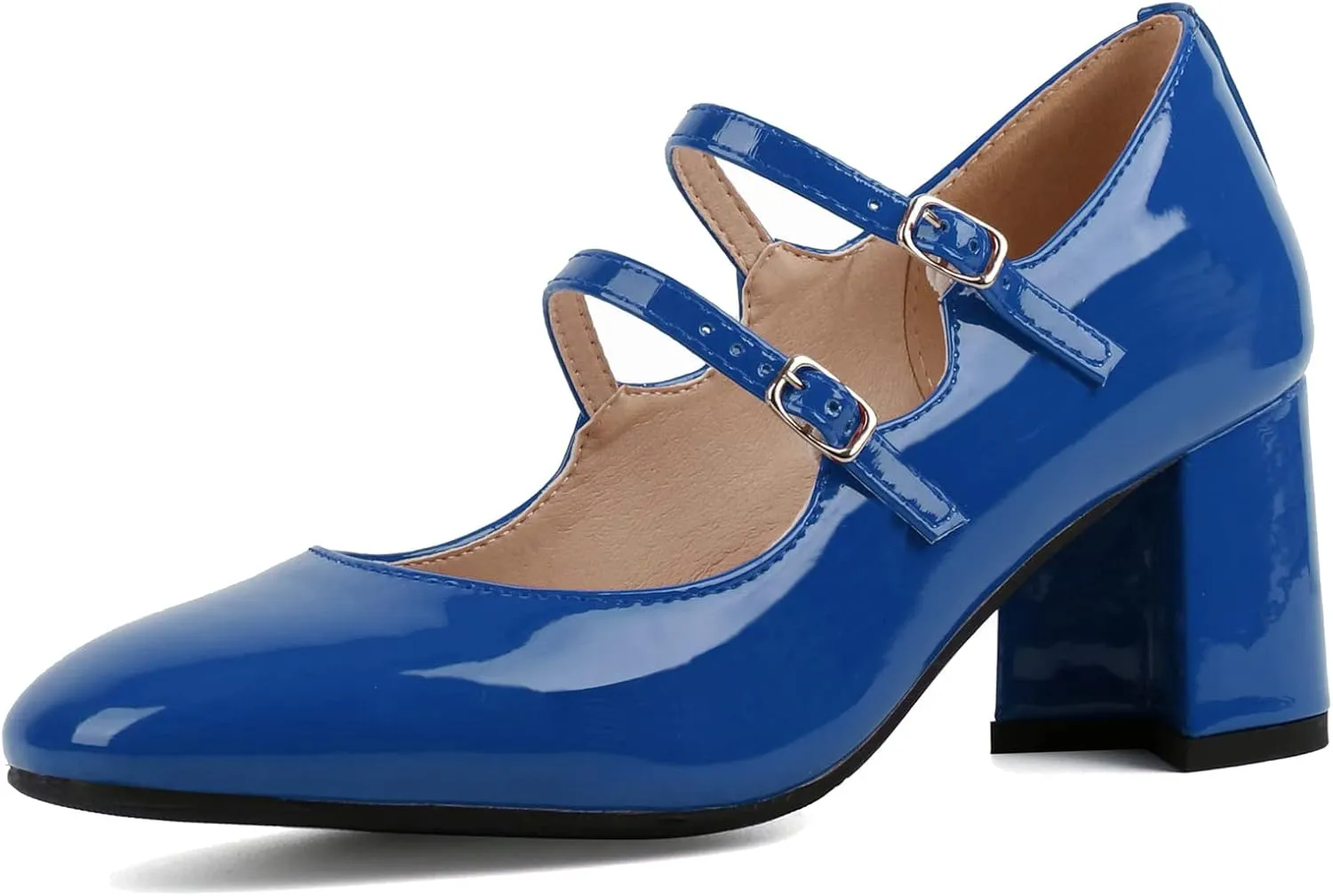 Alsoloveu Women's Mary Jane Shoes Patent Leather Retro Low Chunky Heels Pump Shoes for Women Double Ankle Strap Pumps