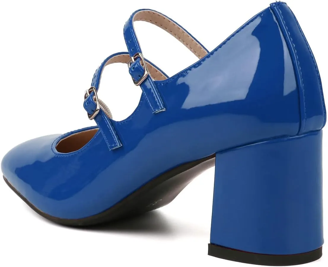 Alsoloveu Women's Mary Jane Shoes Patent Leather Retro Low Chunky Heels Pump Shoes for Women Double Ankle Strap Pumps