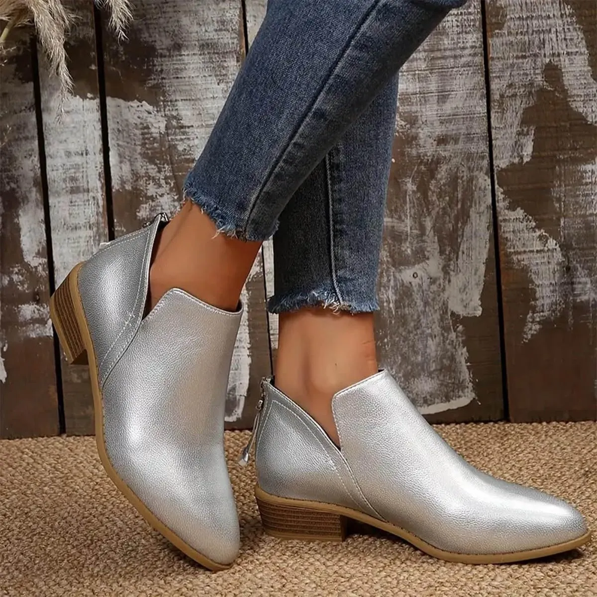 Ankle Boots for Women Fashion Fall Booties Low Heels Chunky Stacked Cutout Dress Short Ruffle Slip On Pointed Toe Shoes