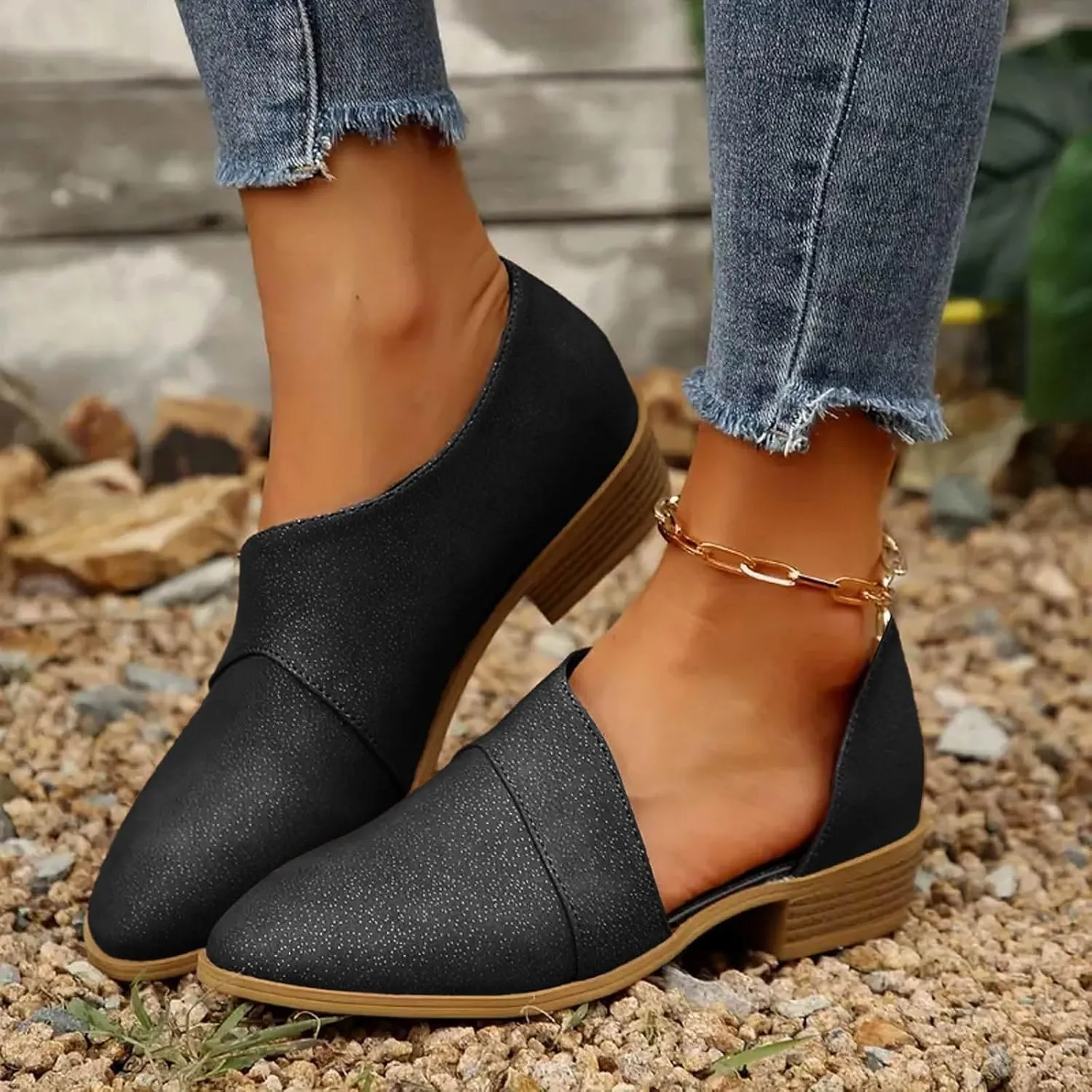 Ankle Boots for Women's Chelsea Fashion Retro Cut Out Low Heel Chunky Stacked Shoes Pointed Toe Casual Western Booties