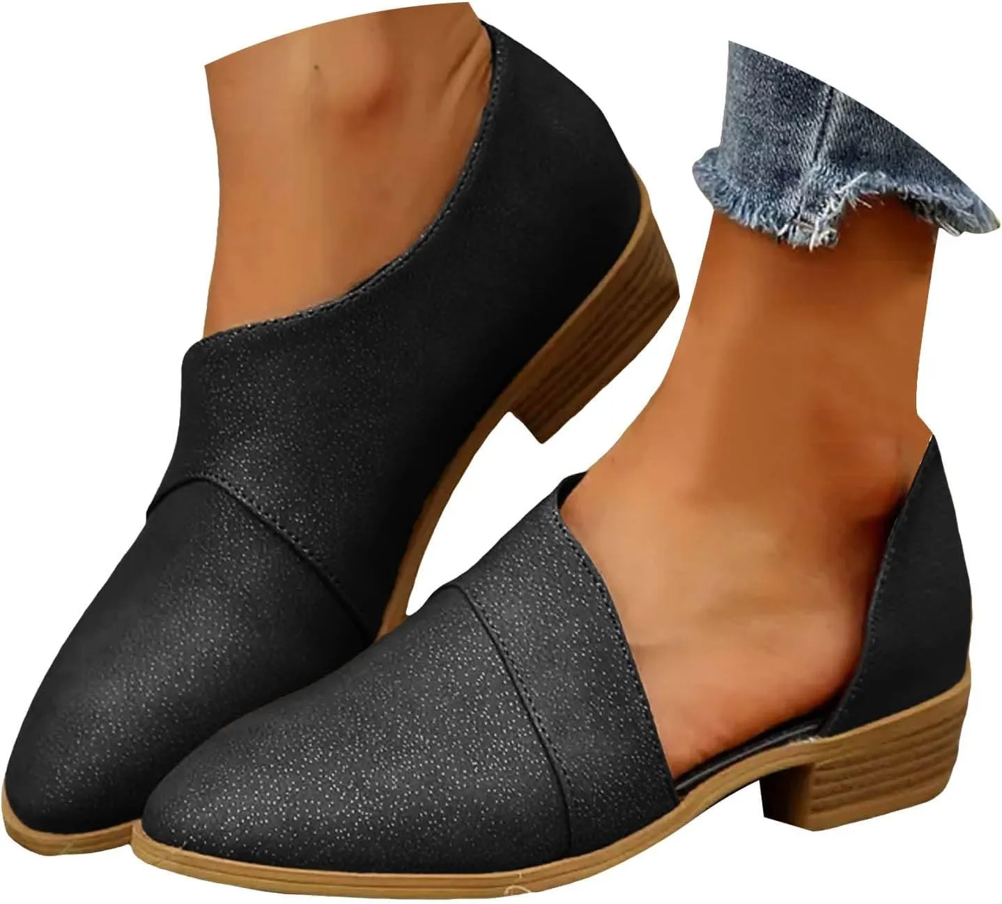 Ankle Boots for Women's Chelsea Fashion Retro Cut Out Low Heel Chunky Stacked Shoes Pointed Toe Casual Western Booties