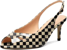AUMOTED Womens Slingback Heels Peep Toe Stiletto Mid Heel Pumps Patent Leather Sexy Adjustable Strap Buckle Solid Dress Shoes 2.5 Inch