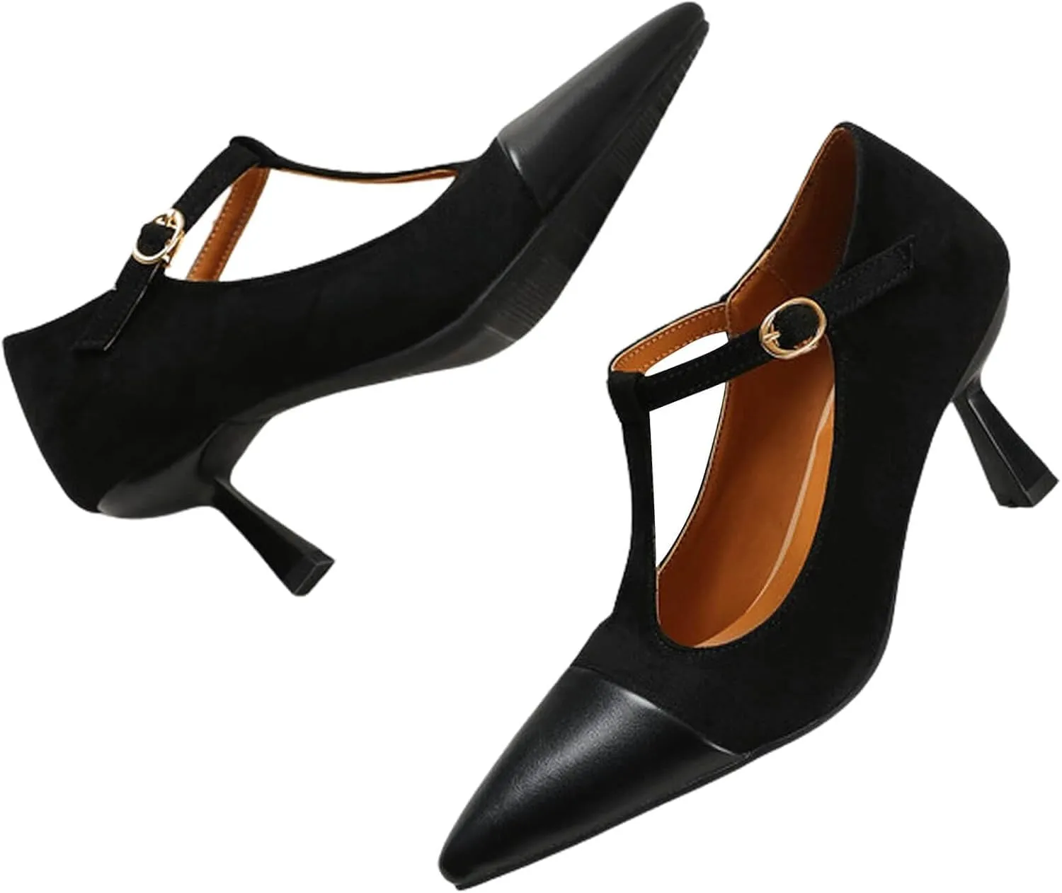 baobeijiadao Womens Pointed Toe Pumps Mid Kitten Heel T-Strap Heels Ankle Buckle Dressy Wedding Office Shoes