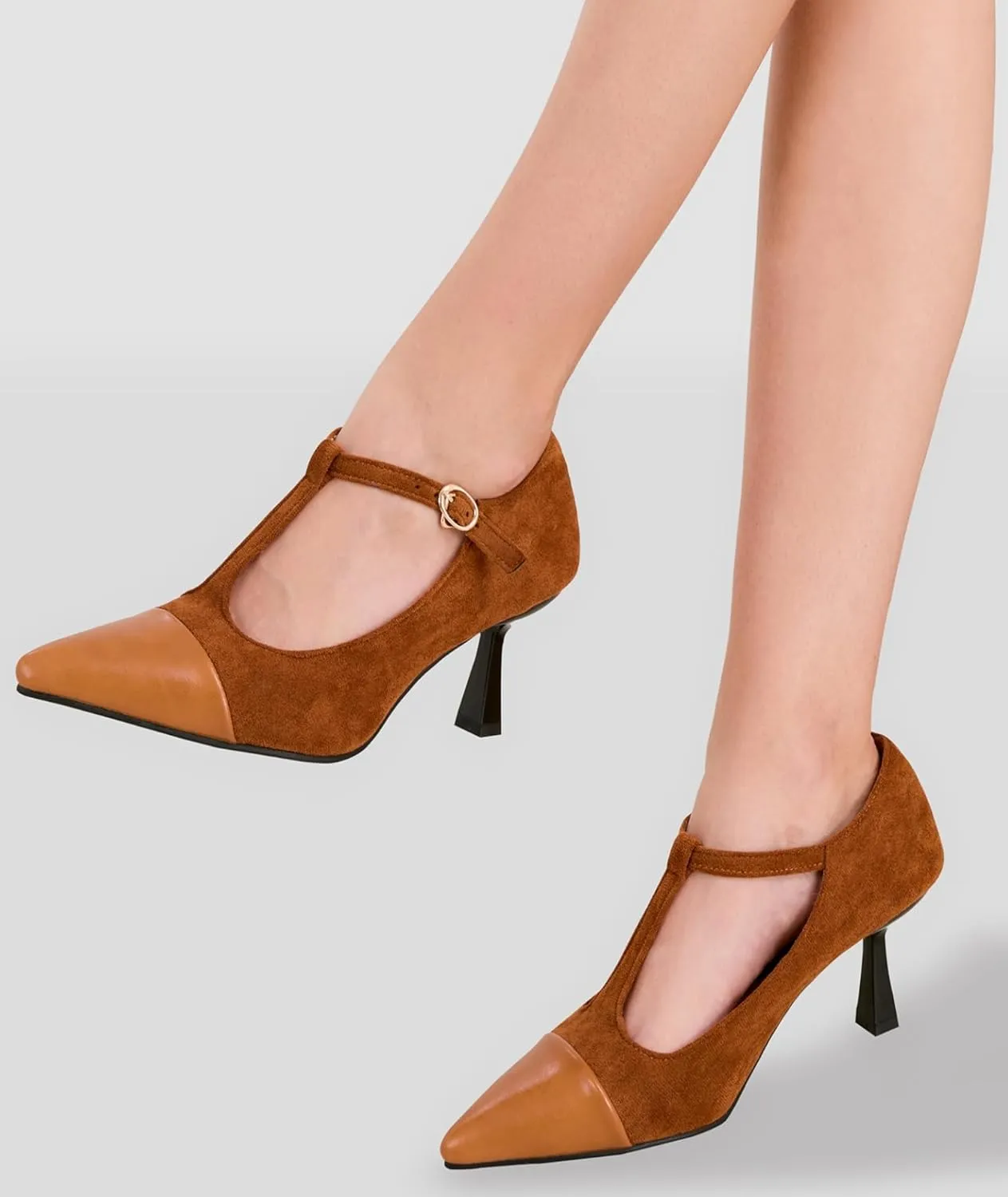 baobeijiadao Womens Pointed Toe Pumps Mid Kitten Heel T-Strap Heels Ankle Buckle Dressy Wedding Office Shoes