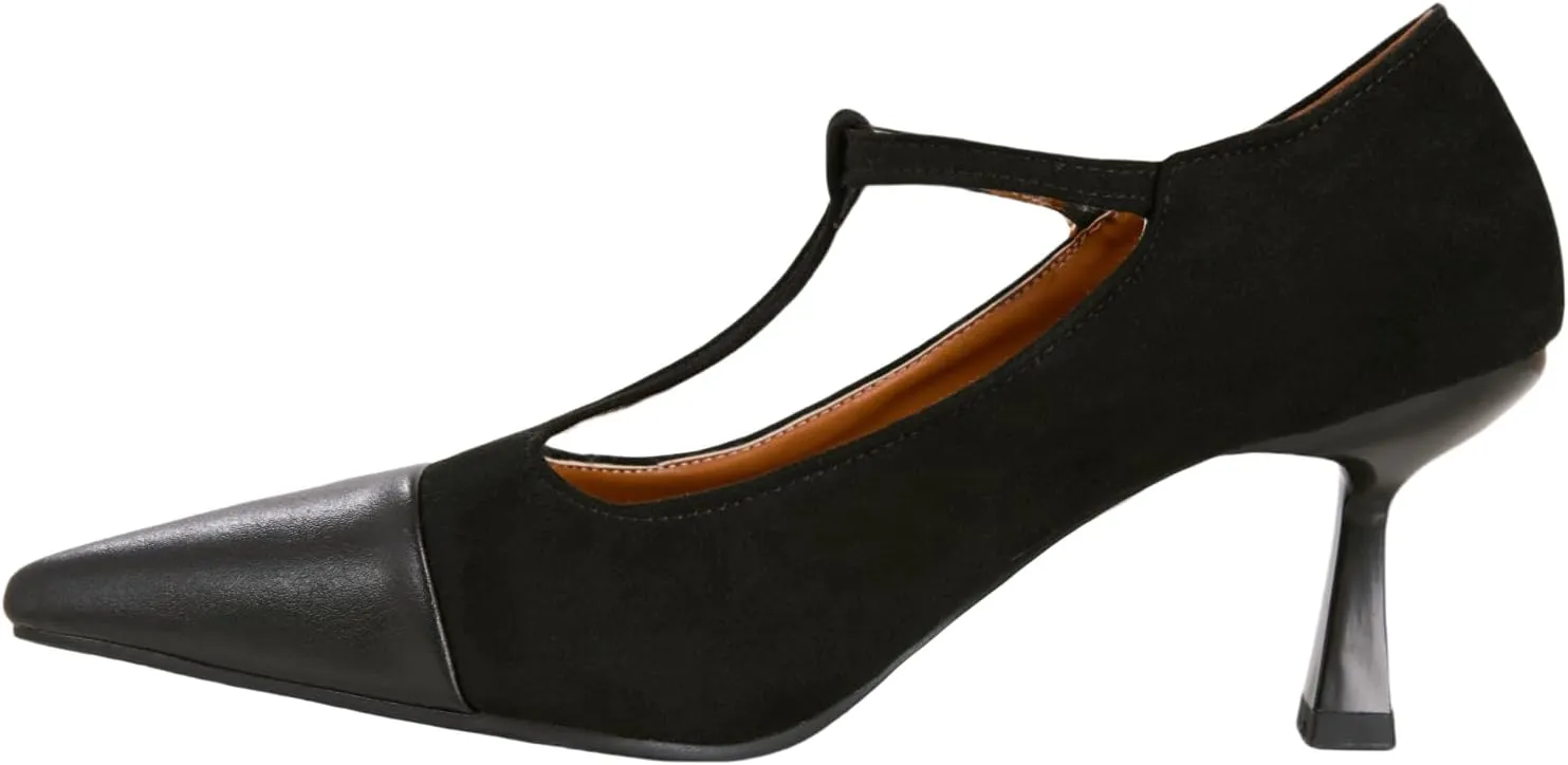 baobeijiadao Womens Pointed Toe Pumps Mid Kitten Heel T-Strap Heels Ankle Buckle Dressy Wedding Office Shoes