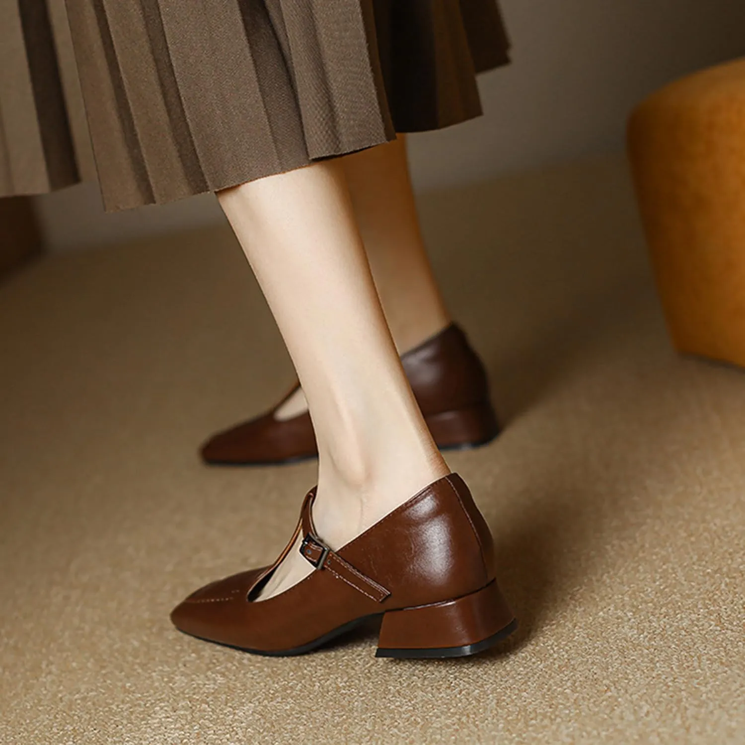 bbruriy Womens Chunky Heels Square Toe Block low Heel Mary Janes Pump T-strap Comfort Casual Dress Shoes