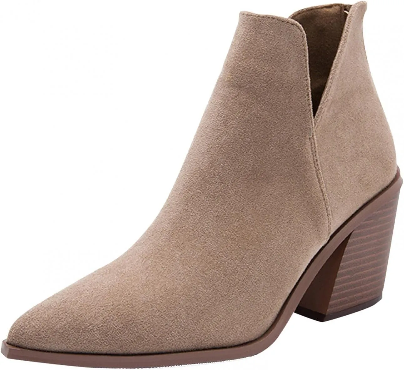 Bcshiye Women's Short Heel Slip On Pointed Toe Chelsea Ankle Boots V Cutout Chunky Low Heeled Dressy Western Booties