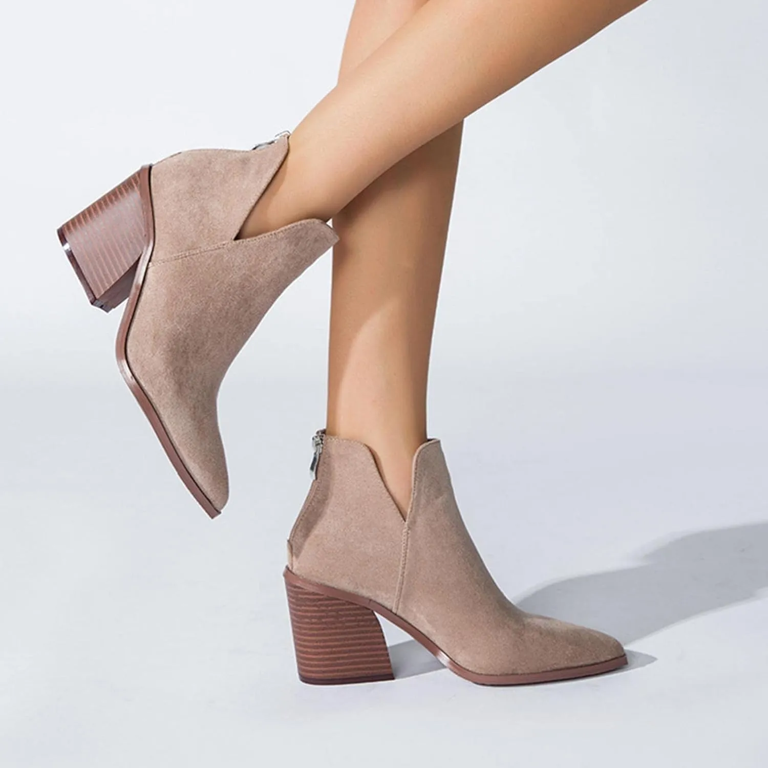 Bcshiye Women's Short Heel Slip On Pointed Toe Chelsea Ankle Boots V Cutout Chunky Low Heeled Dressy Western Booties