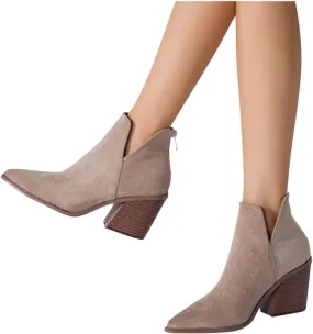 Bcshiye Women's Short Heel Slip On Pointed Toe Chelsea Ankle Boots V Cutout Chunky Low Heeled Dressy Western Booties