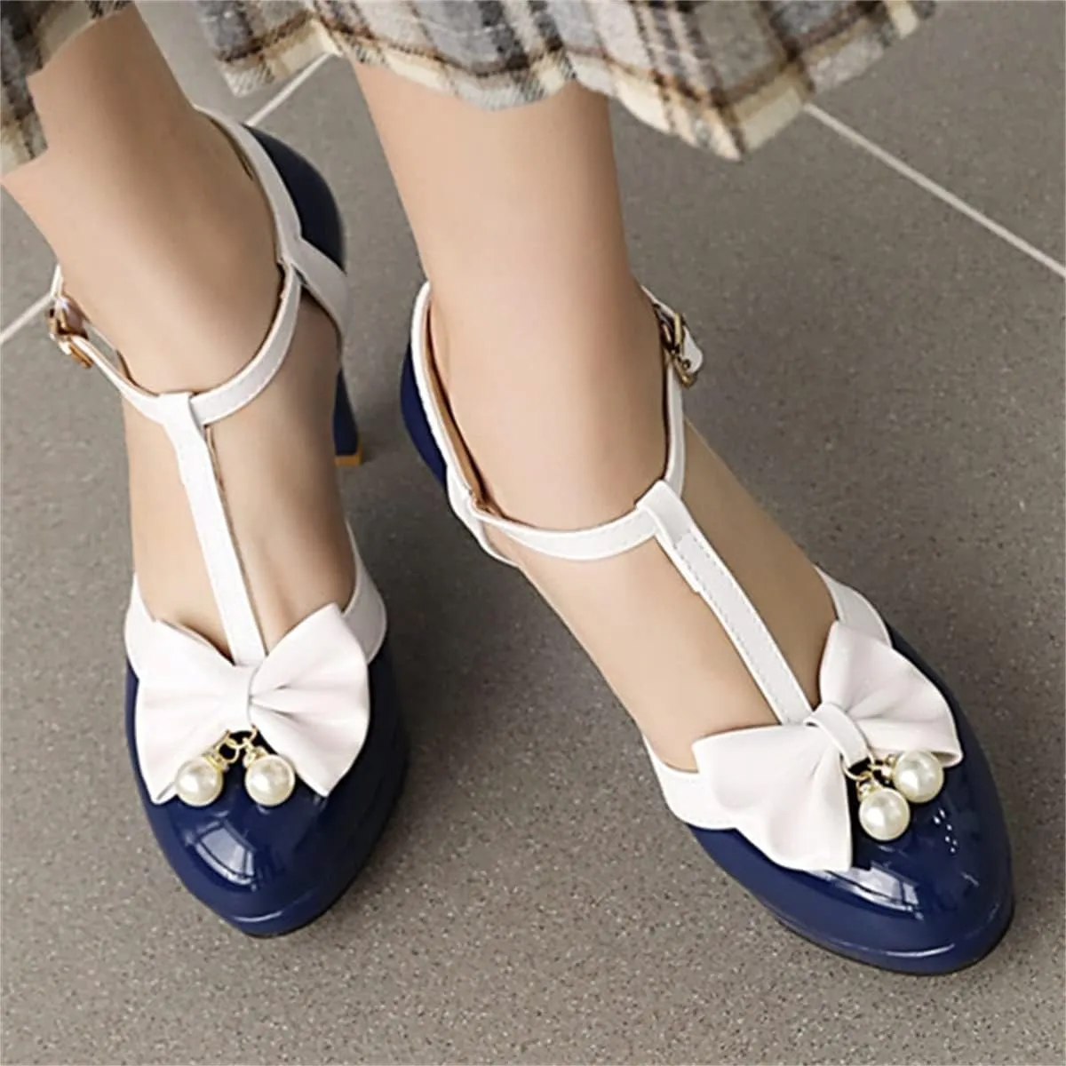 Betastella Women's T-Strap Platform Mary Janes Block Heel Patent Leather Sweet Pumps