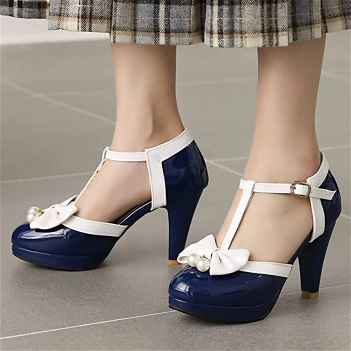 Betastella Women's T-Strap Platform Mary Janes Block Heel Patent Leather Sweet Pumps