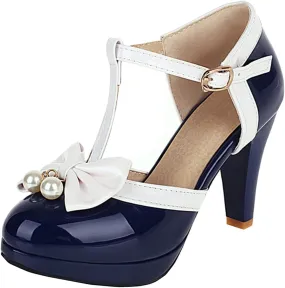 Betastella Women's T-Strap Platform Mary Janes Block Heel Patent Leather Sweet Pumps