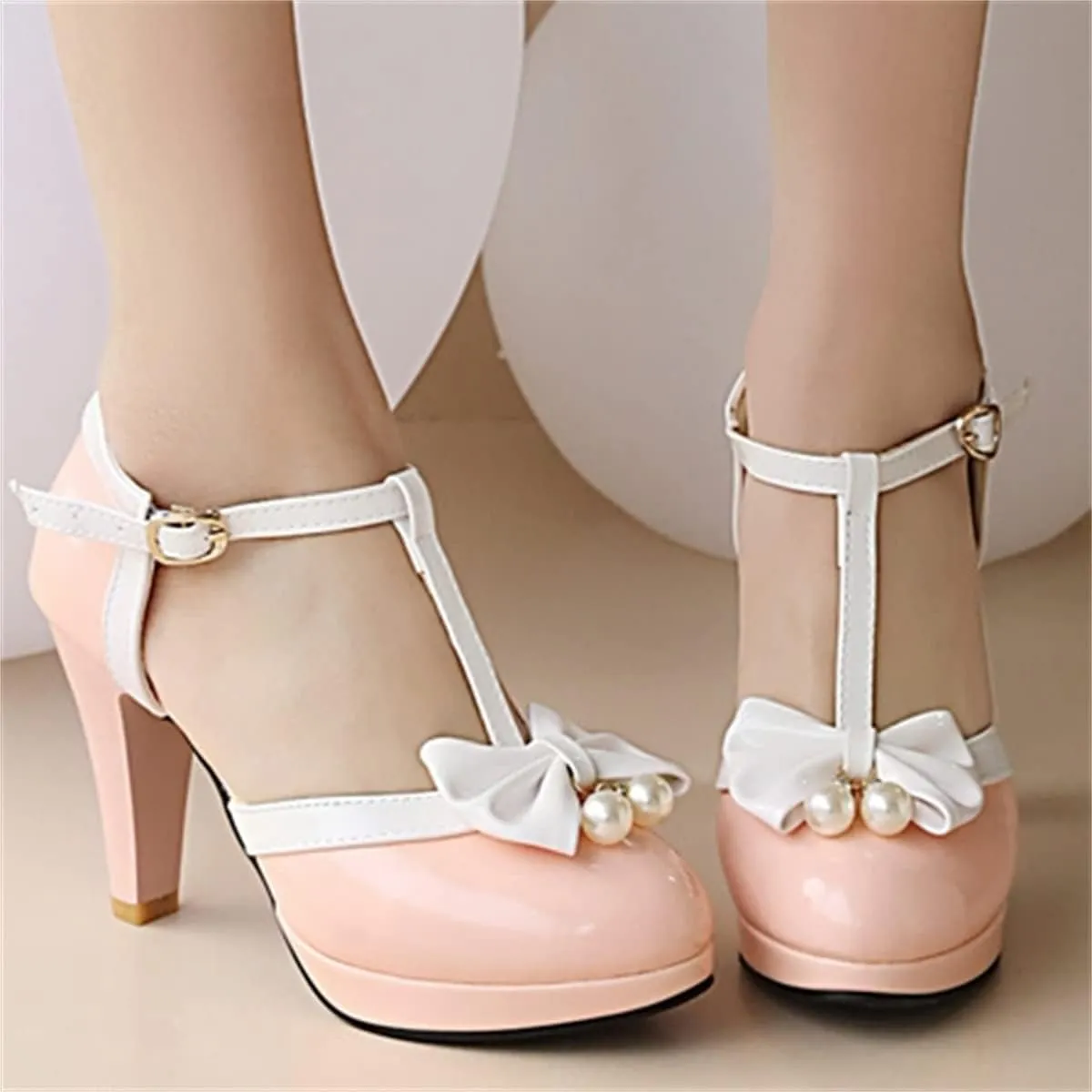 Betastella Women's T-Strap Platform Mary Janes Block Heel Patent Leather Sweet Pumps