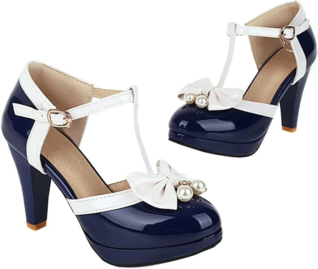 Betastella Women's T-Strap Platform Mary Janes Block Heel Patent Leather Sweet Pumps
