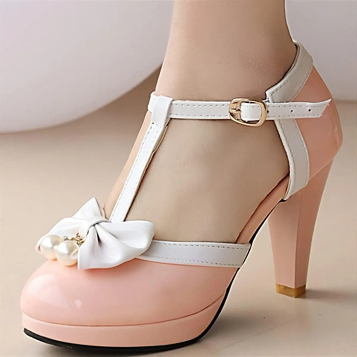 Betastella Women's T-Strap Platform Mary Janes Block Heel Patent Leather Sweet Pumps