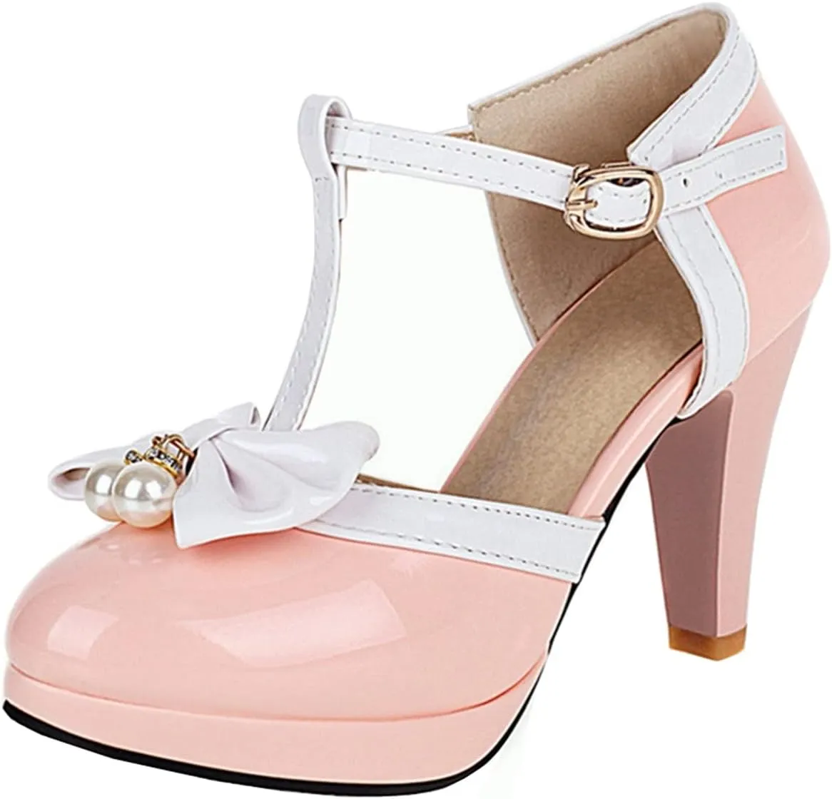 Betastella Women's T-Strap Platform Mary Janes Block Heel Patent Leather Sweet Pumps