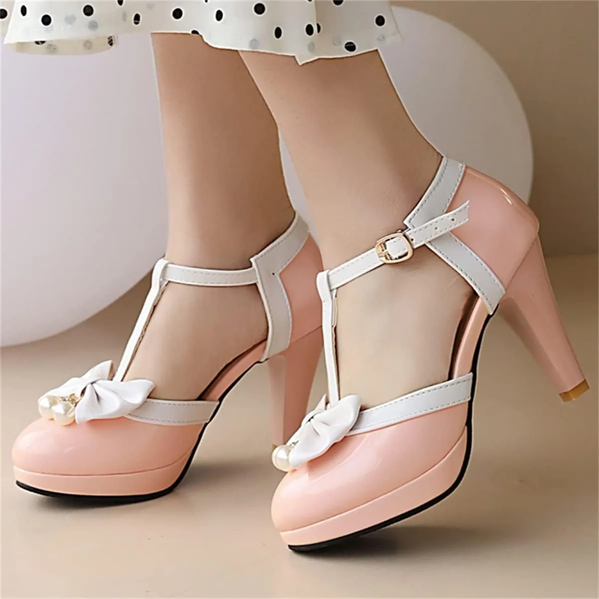 Betastella Women's T-Strap Platform Mary Janes Block Heel Patent Leather Sweet Pumps