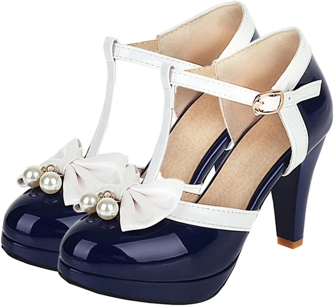 Betastella Women's T-Strap Platform Mary Janes Block Heel Patent Leather Sweet Pumps