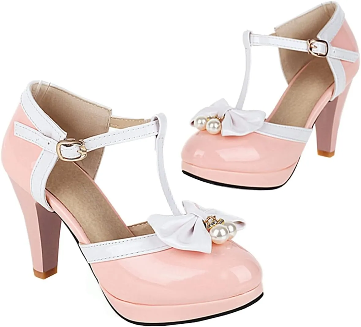Betastella Women's T-Strap Platform Mary Janes Block Heel Patent Leather Sweet Pumps