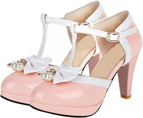 Betastella Women's T-Strap Platform Mary Janes Block Heel Patent Leather Sweet Pumps