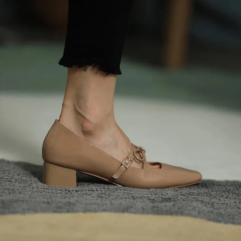 binfenxie Women Pumps Mary Jane Shoes Retro Style Thick Heel Elegant  Women Shoes Square Toe Spring Autumn Real Leather  Simple Pumps