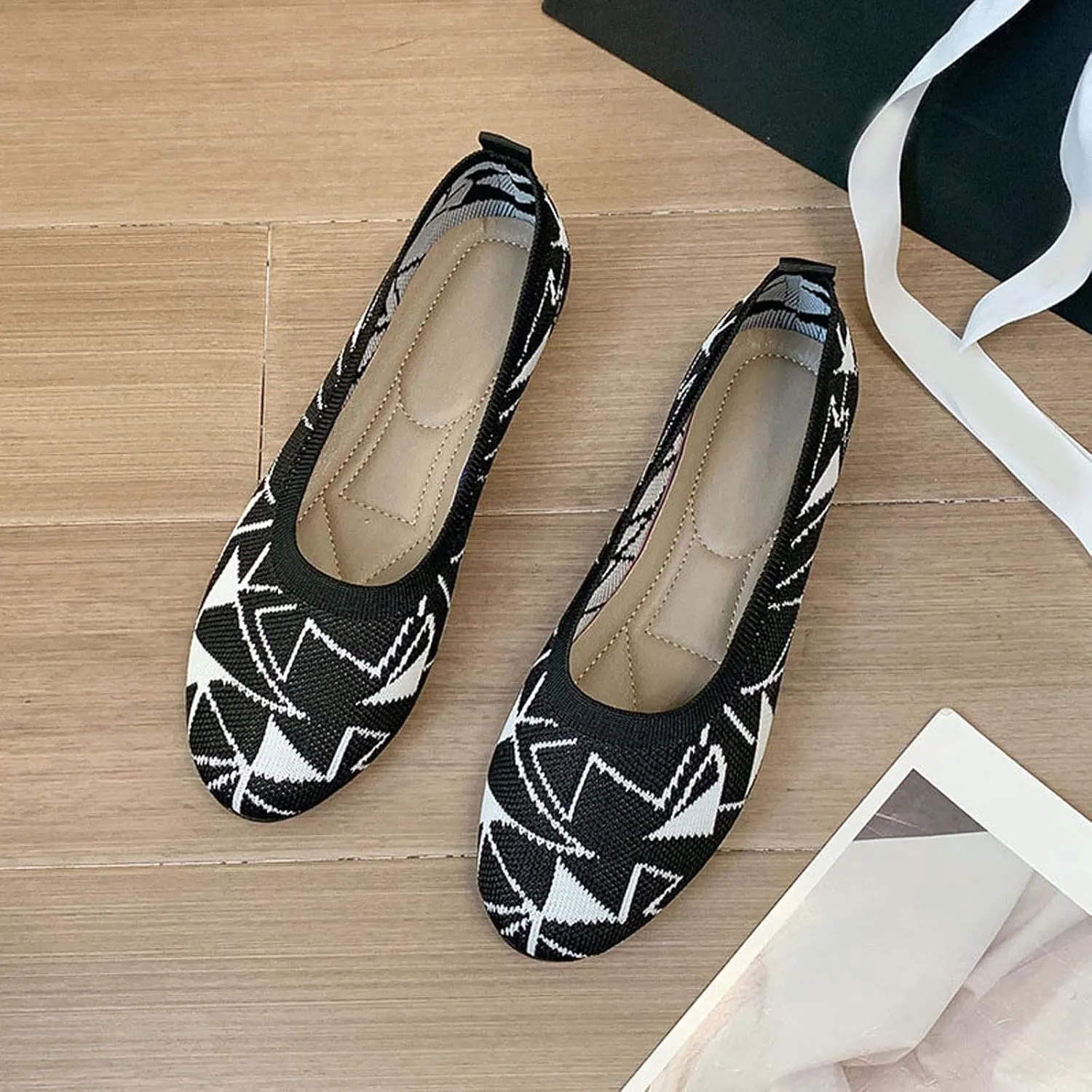 Black Ballet Flats for Women Comfort Slip on Round Toe Flat Shoes Casual Walking Shoe Bow Dressy Sandals Work Office Footwear
