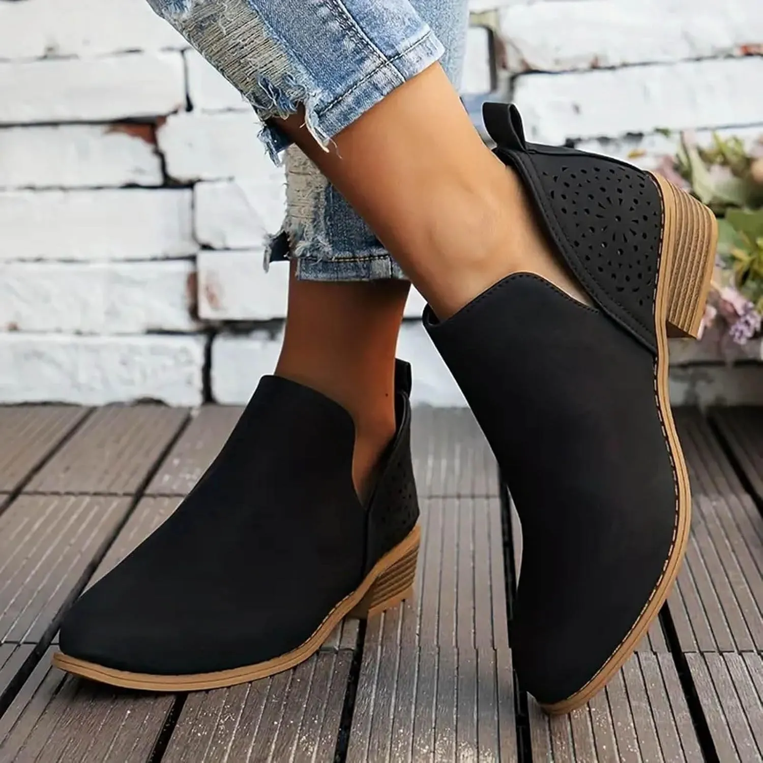Boots for Women Women's Chunky Stacked Low Heels Dressy Booties V Cut Out Causal Pointed Toe Perforated Western Booties