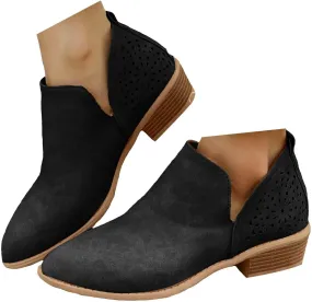 Boots for Women Women's Chunky Stacked Low Heels Dressy Booties V Cut Out Causal Pointed Toe Perforated Western Booties