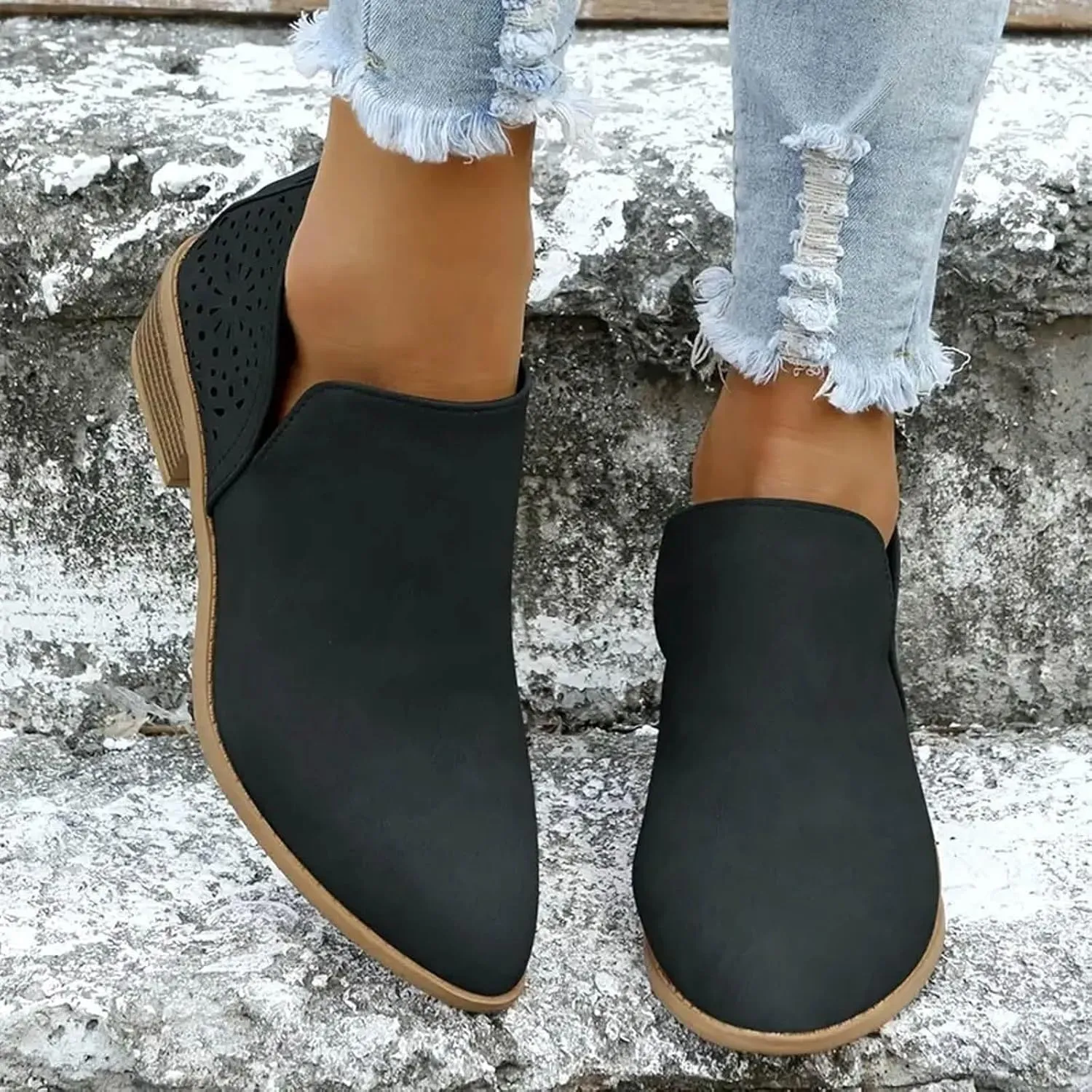 Boots for Women Women's Chunky Stacked Low Heels Dressy Booties V Cut Out Causal Pointed Toe Perforated Western Booties