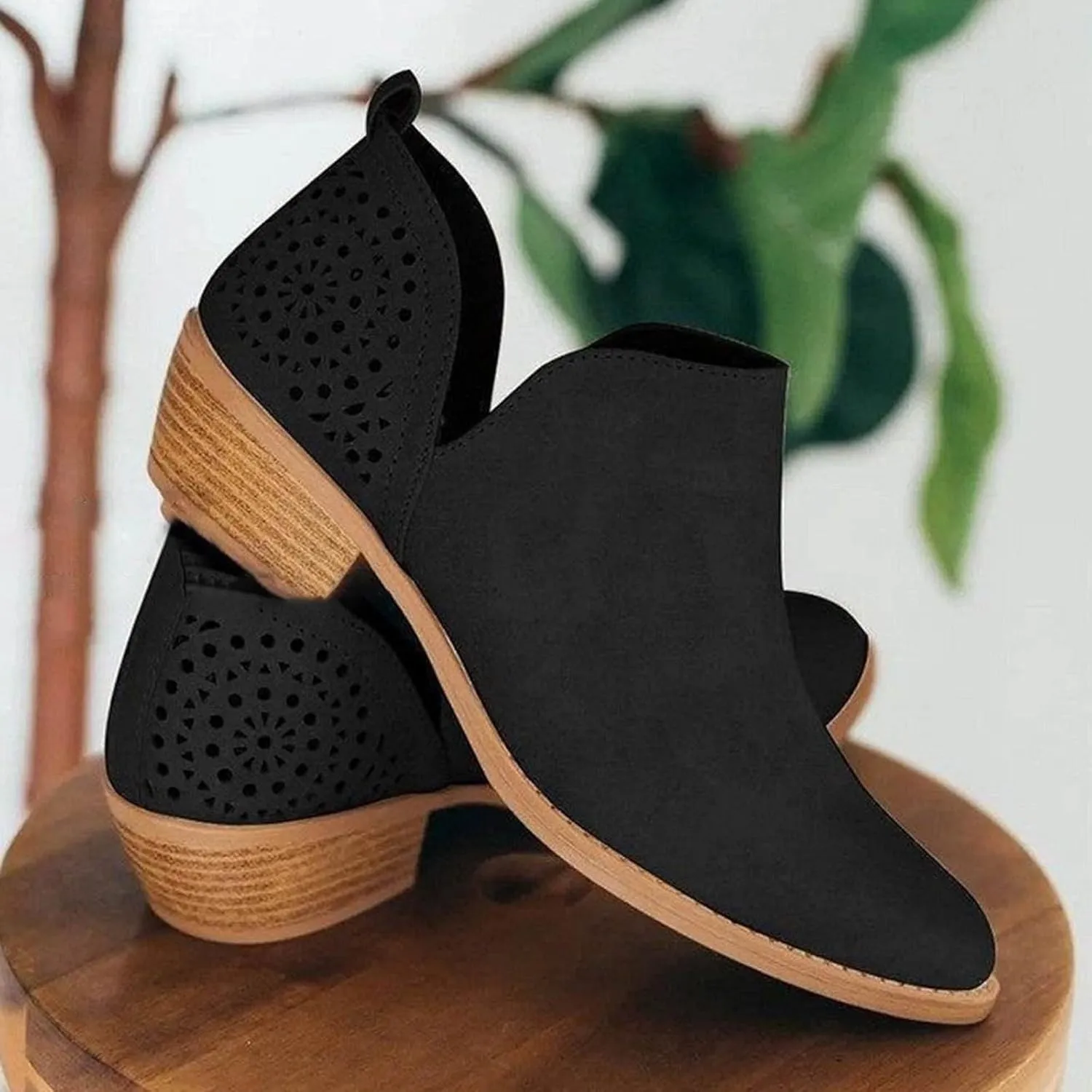 Boots for Women Women's Chunky Stacked Low Heels Dressy Booties V Cut Out Causal Pointed Toe Perforated Western Booties