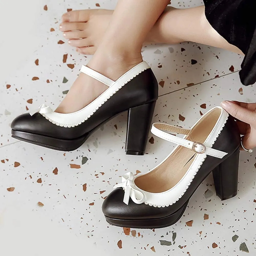 Caradise Womens Sweet Shoes Chunky Platform Mary Janes Pumps with Bow