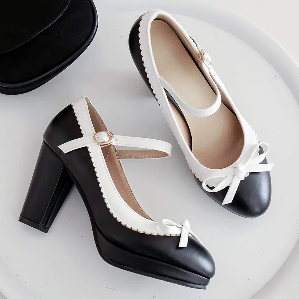 Caradise Womens Sweet Shoes Chunky Platform Mary Janes Pumps with Bow