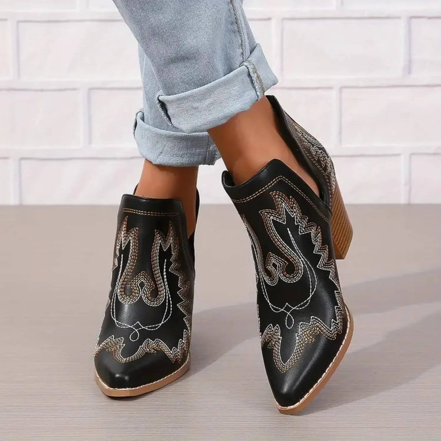 Cathalem Ankle Boots for Women Cowgirl Cowboy Western Embroidered Stitched Pointed Toe Cutout Chunky Heels Short Boots