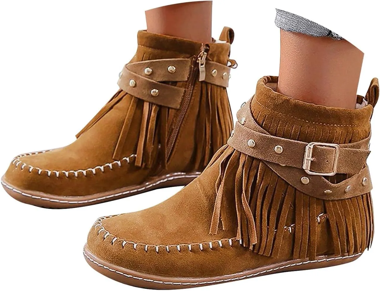 Cathalem Ankle Boots for Women Fringe Faux Suede Boots Retro Round Toe Fringe Buckle Strap Low Heel Rome Flat Shoes