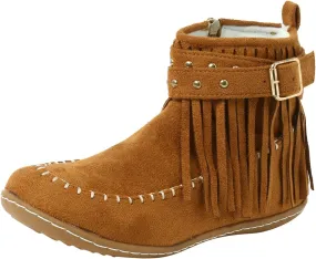 Cathalem Ankle Boots for Women Fringe Faux Suede Boots Retro Round Toe Fringe Buckle Strap Low Heel Rome Flat Shoes