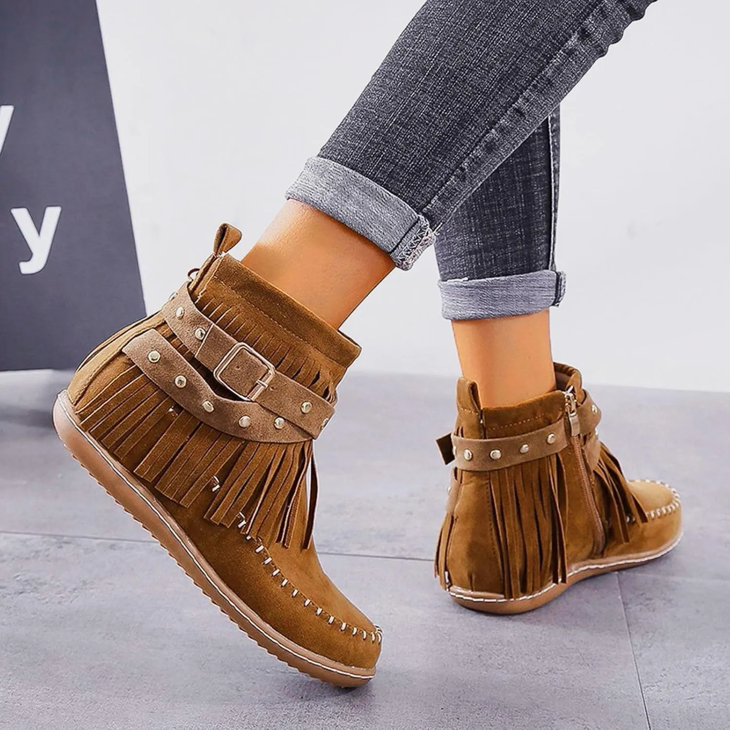 Cathalem Ankle Boots for Women Fringe Faux Suede Boots Retro Round Toe Fringe Buckle Strap Low Heel Rome Flat Shoes