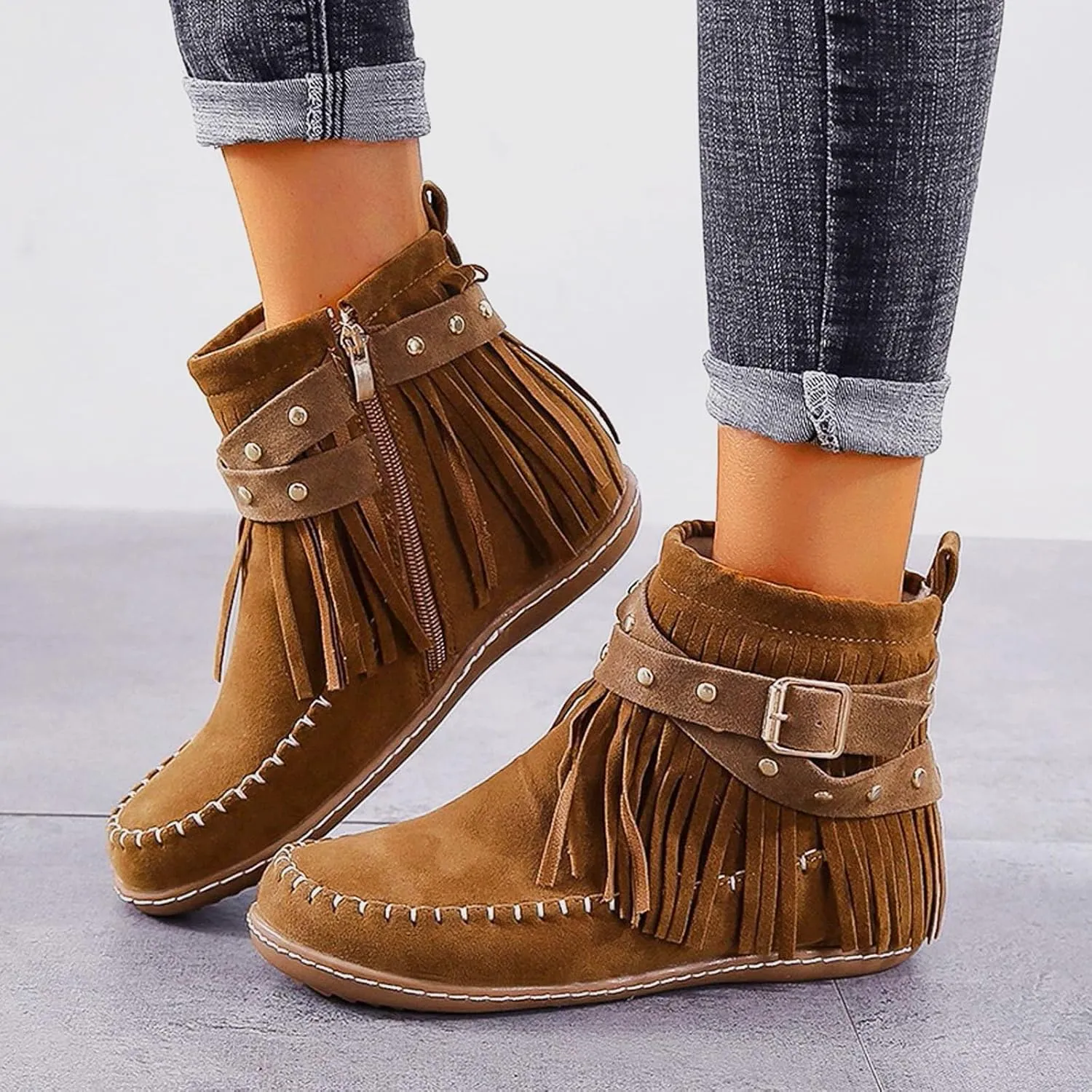 Cathalem Ankle Boots for Women Fringe Faux Suede Boots Retro Round Toe Fringe Buckle Strap Low Heel Rome Flat Shoes