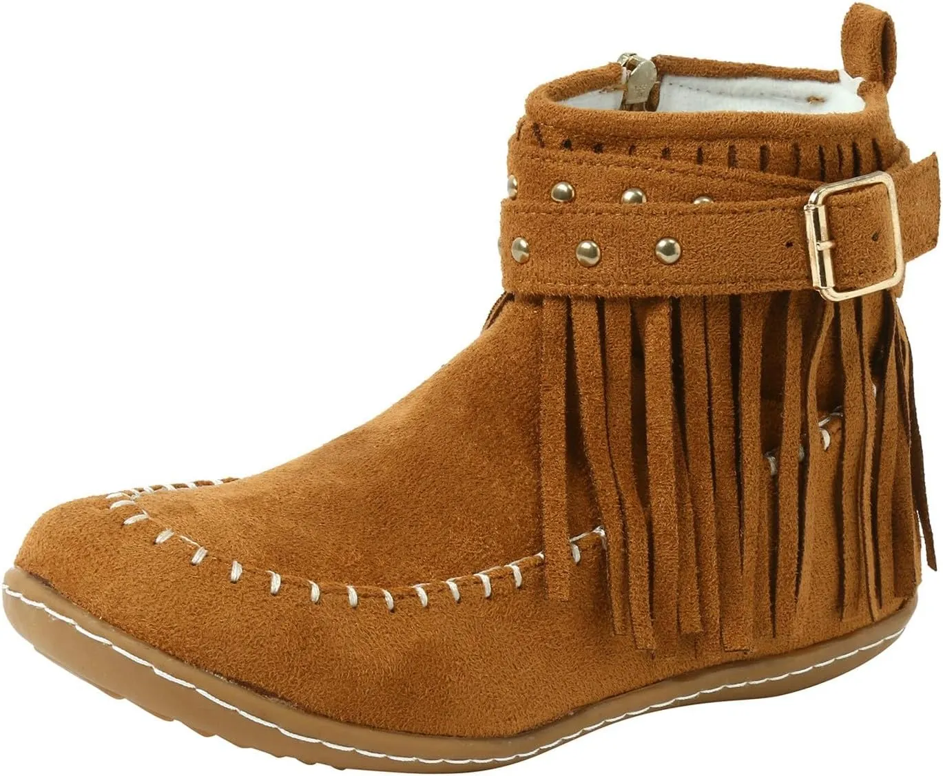 Cathalem Ankle Boots for Women Fringe Faux Suede Boots Retro Round Toe Fringe Buckle Strap Low Heel Rome Flat Shoes