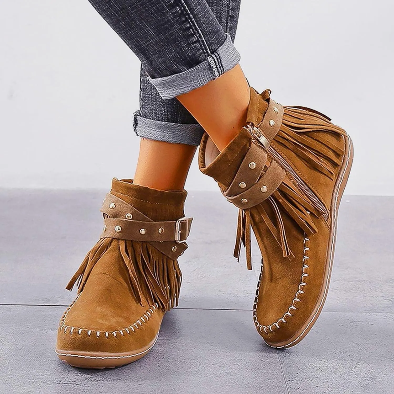 Cathalem Ankle Boots for Women Fringe Faux Suede Boots Retro Round Toe Fringe Buckle Strap Low Heel Rome Flat Shoes