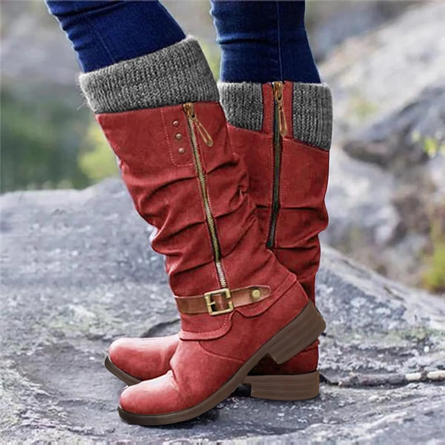 Cathalem Wide Calf Boots for Women Wide Calf Winter Mid Calf Combat Boots Side Zipper Low Heel Biker Motorcycle Riding Boots