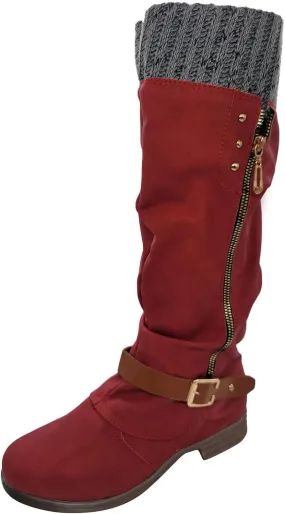 Cathalem Wide Calf Boots for Women Wide Calf Winter Mid Calf Combat Boots Side Zipper Low Heel Biker Motorcycle Riding Boots