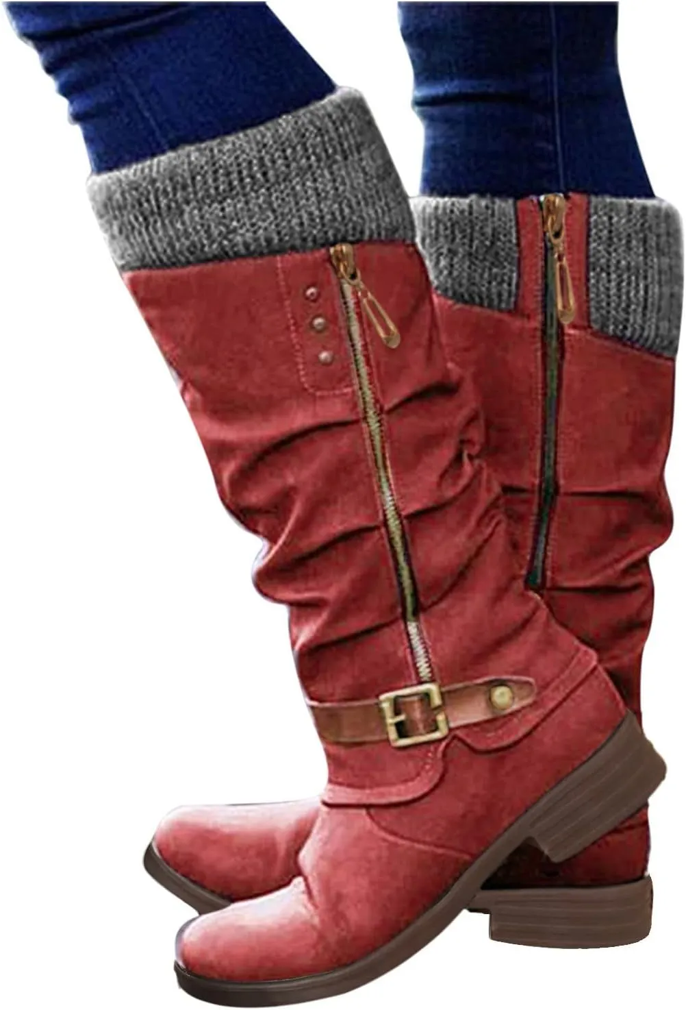 Cathalem Wide Calf Boots for Women Wide Calf Winter Mid Calf Combat Boots Side Zipper Low Heel Biker Motorcycle Riding Boots