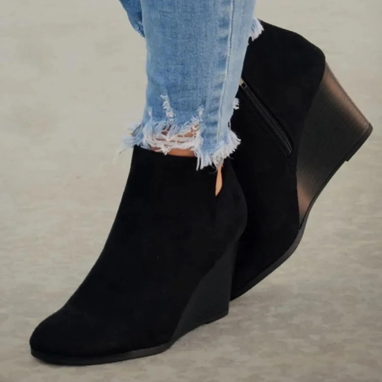 Cathalem Womens Wedge Booties Fashion Suede Side Zipper Ankle Boots Non-Slip Thick Heel Round Toe Chelsea Boots for Women