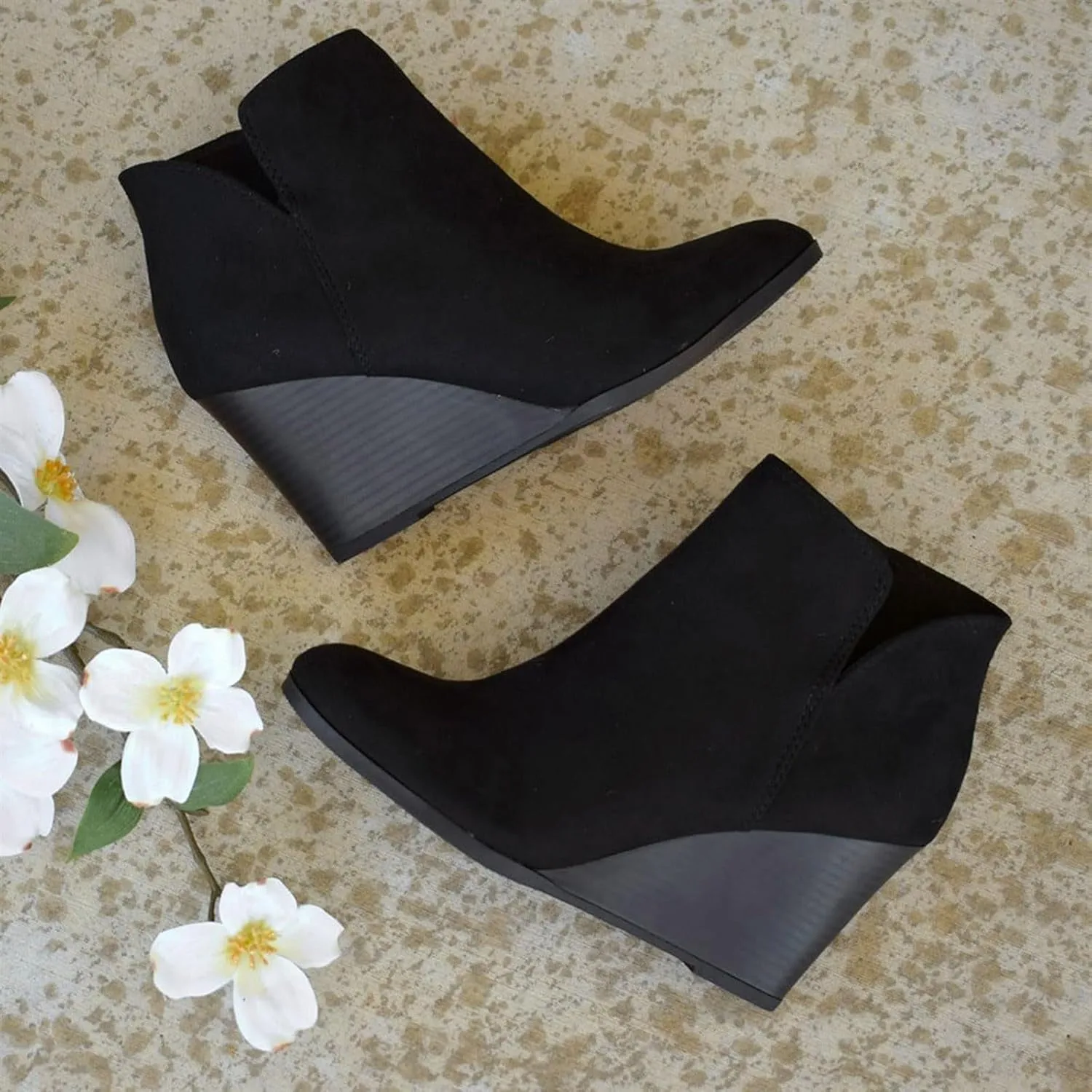 Cathalem Womens Wedge Booties Fashion Suede Side Zipper Ankle Boots Non-Slip Thick Heel Round Toe Chelsea Boots for Women