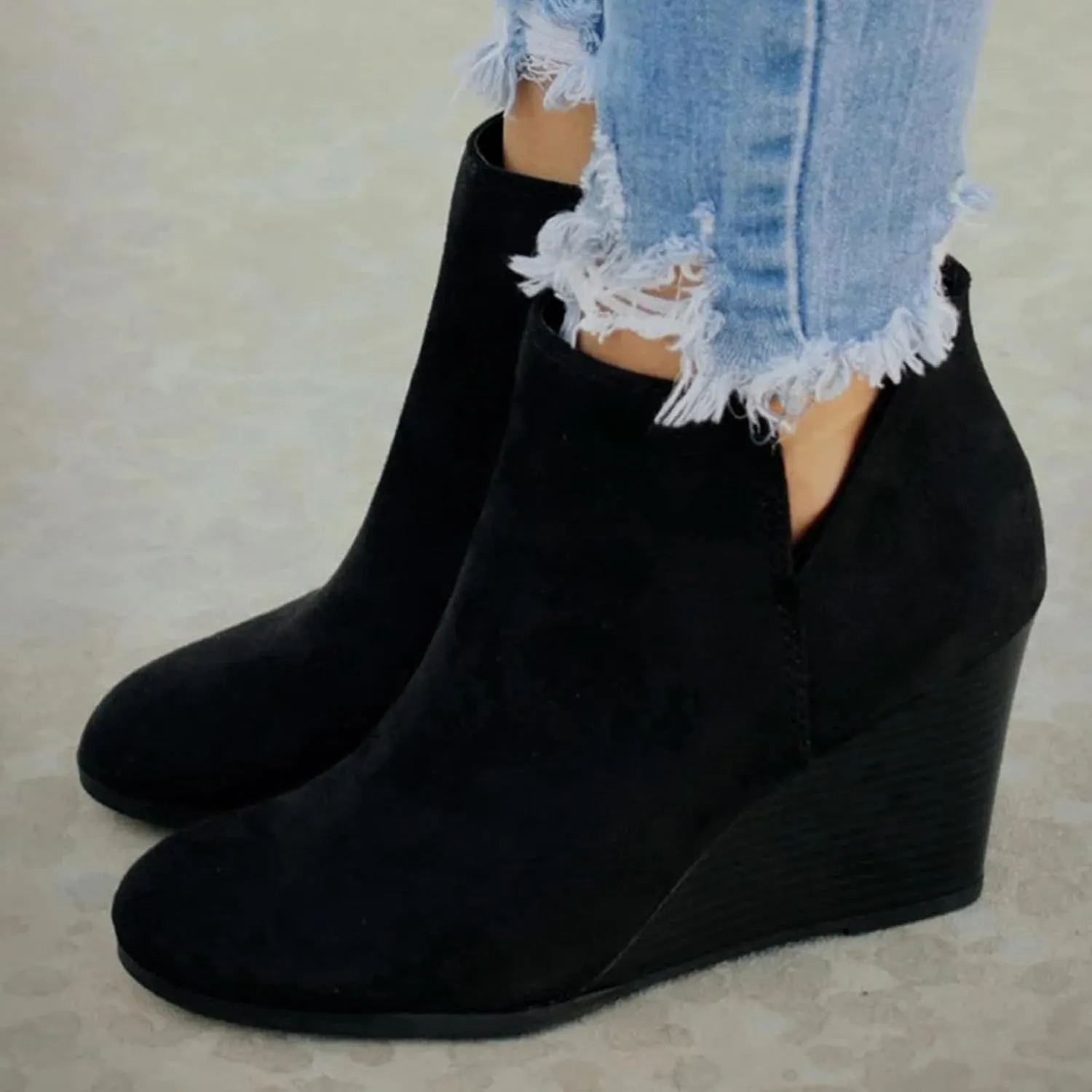 Cathalem Womens Wedge Booties Fashion Suede Side Zipper Ankle Boots Non-Slip Thick Heel Round Toe Chelsea Boots for Women
